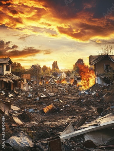 Devastated cityscape after a disaster. Fiery destruction at sunset