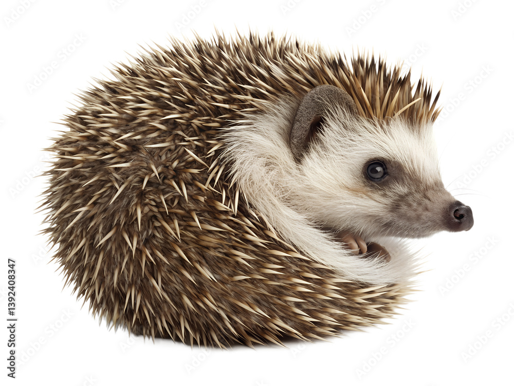 Obraz premium A curled up hedgehog with white and brown quills isolated on a transparent background