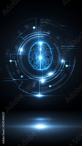 A blue digital brain logo is surrounded by a rotating ring of AI icons, set against an abstract background that features scattered AI icons, an AI chatbot, and machine learning technology