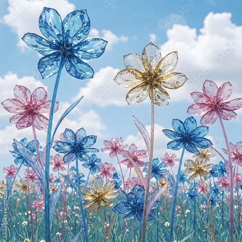 Floral Fantasy: A vibrant and colorful landscape filled with a multitude of delicate flowers. The flowers, a mix of blue, pink, and yellow, stretch toward the sky in an enchanting garden.  