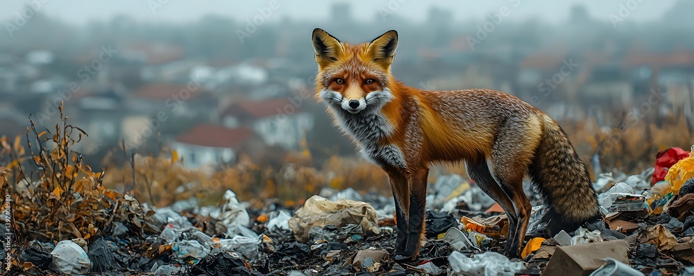 Fototapeta premium A malnourished fox scavenging through garbage in an abandoned village