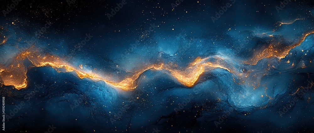 Abstract Nebula in Deep Blues with Golden Veins and Starry Glimmering Dust Abstract Nebula in Deep Blues with Golden Veins and Starry Glimmering Dust