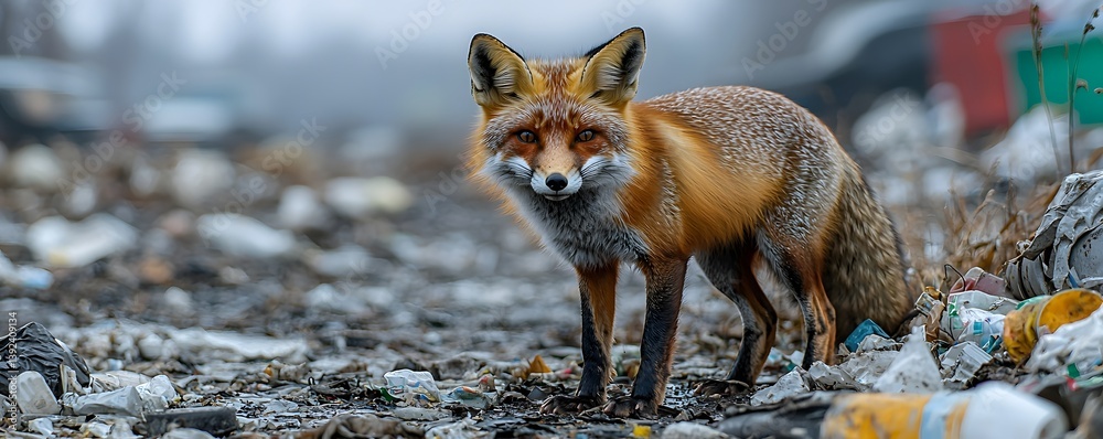 Fototapeta premium A malnourished fox scavenging through garbage in an abandoned village