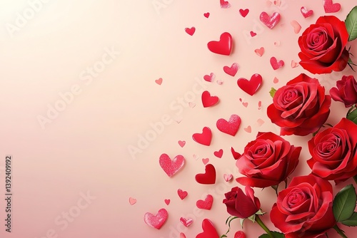 Red Roses and Decorative Hearts Scattered on a Soft Pink Background, Valentine's Day