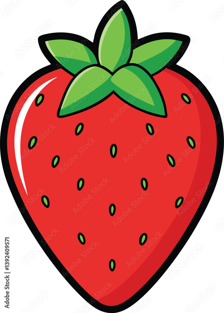 Obraz premium Cute Smiling Strawberry Cartoon Character With Green Leaves Illustration