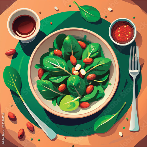 Delicious spinach salad with nuts and dressing.
