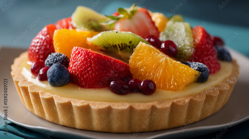 A close up of a fruit tart with strawberries kiwi and oranges on a white plate with blue background A close up of a fruit tart with strawberries kiwi and oranges on a white plate with blue background
