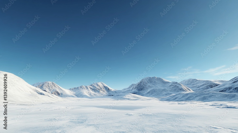 Vast expanse of a snow-covered landscape with majestic mountains in winter Vast expanse of a snow-covered landscape with majestic mountains in winter