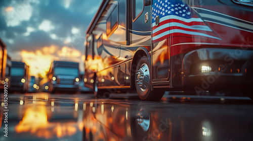 Photorealistic close-up of RV parked at sunset with reflections and vibrant colors