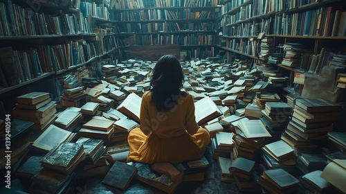A woman reads a book surrounded by many other scattered books
