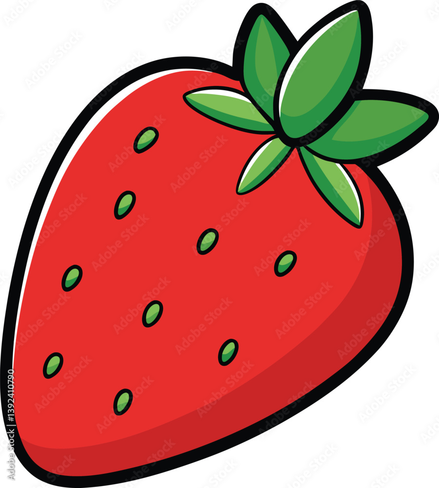 Obraz premium Cute Smiling Strawberry Cartoon Character With Green Leaves Illustration