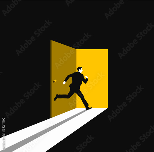 businessman is running to the exit. Walking out of door. New start. Minimal business concept. Flat style. Vector illustration.