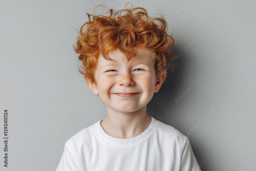 Fototapeta premium Close up portrait of a smiling red haired boy with freckles against gray background