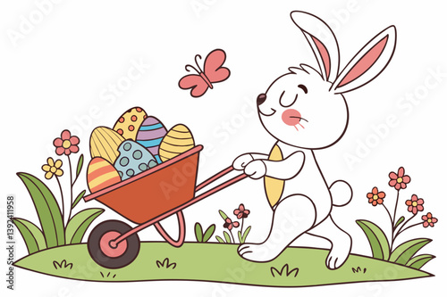 Cute Easter Bunny Delivering Colorful Eggs in Wheelbarrow – Festive Spring Vector Art