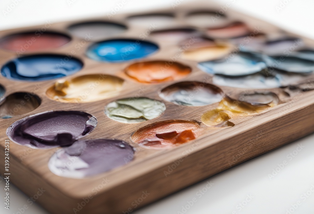 Naklejka premium paints art isolated white palette wooden photo various closeup painting design wood artwork education colourful bright nobody paint equipment tool watercolor dye colours high-coloured study learning