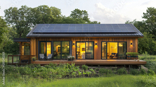 Eco friendly modular home with solar panels and wooden deck