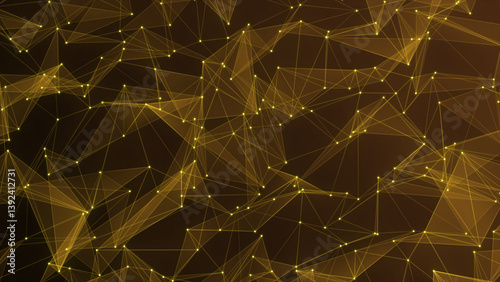 Abstract yellow plexus motion background. Plexus background with moving lines and dots, abstract futuristic network background. Big Data, Artificial Intelligence