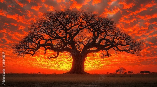 Baobab tree silhouette at sunset on savanna, fiery sky with dramatic clouds, golden hour