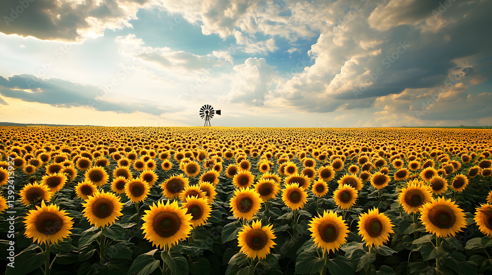 Fototapeta premium sunflower, field, flower, nature, sky, agriculture, yellow, summer, sun, plant, sunflowers, blue, meadow, farm, growth, leaf, rural, sunny, color, bright, blossom, landscape, beauty, flowers, crop