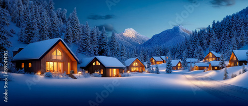 Winter's twilight paints the mountains as lights in cozy cabins glow. Snow blankets the forest, creating a warm, village feel in this snowy haven.