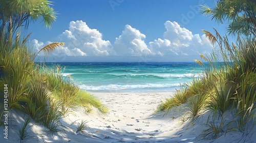 Tranquil palm fringed beach with swaying dunes and sea oats