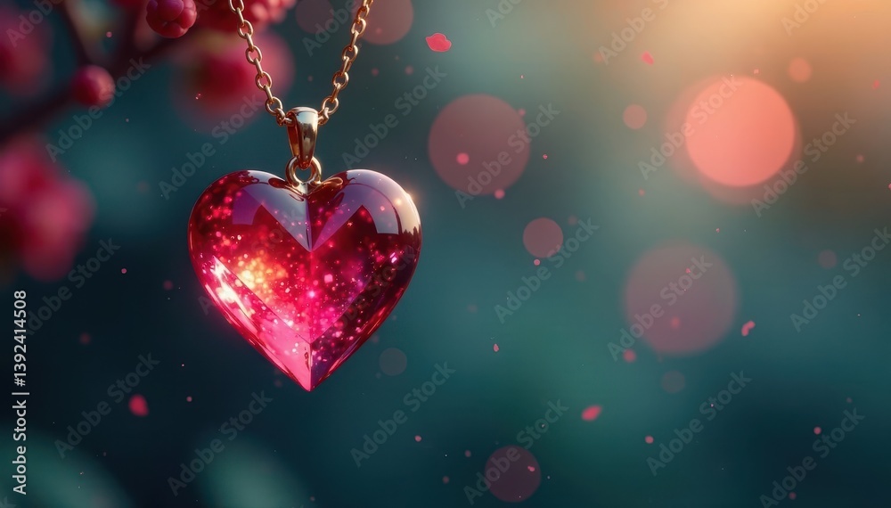 Obraz premium Heart-shaped pendant necklace suspended from delicate chain in soft focus lighting, accessory, sentimental