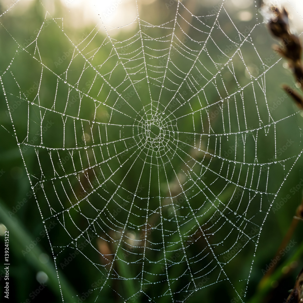 Fototapeta premium Intricate Web of Life: A mesmerizing close-up showcases a dew-kissed spiderweb, a testament to nature's artistry and the delicate beauty of the natural world.