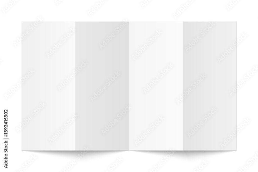 Vector white blank vertical four panel accordion fold opened on white background. Concertina fold, leaflet, brochure, booklet, flyer or invitation card mockup. Mock up back side isolated.