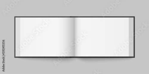Vector mockup of hardcover horizontal book spread with black cover isolated. Realistic book, brochure or booklet template opened on white background. 3d illustration.