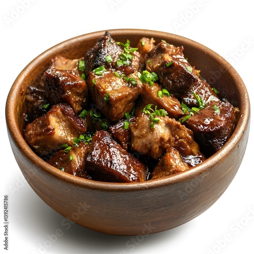 A bowl of adobo a slow-cooked soy and vinegar meat dish, isolated on a plain white background.