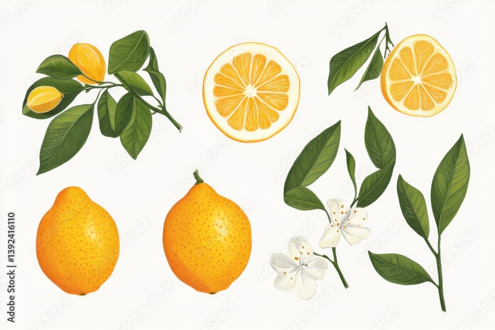 Illustration of different parts of a citrus plant including fruits, leaves, and flowers Illustration of different parts of a citrus plant including fruits, leaves, and flowers