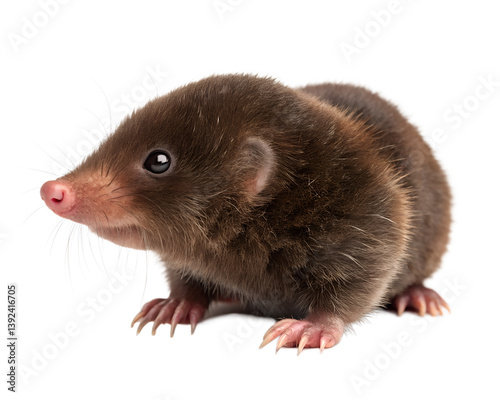 A small brown shrew with a pink nose and whiskers is sitting isolated on a transparent background