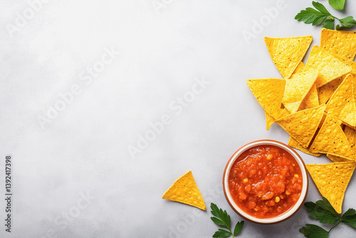 Aerial view of a vibrant bowl of homemade salsa accompanied by tortilla chips ideal for snacking and sharing at parties