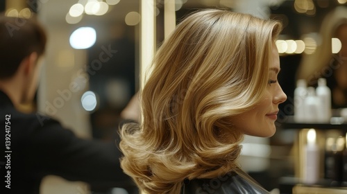 A professional hairstylist who is gay provides a blonde female client with a stylish haircut in his salon