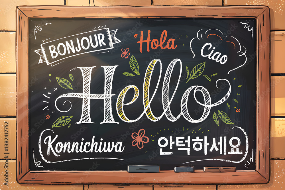Blackboard showing hello in different languages with floral decorations