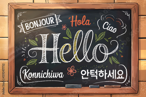 Obraz na płótnie Blackboard showing hello in different languages with floral decorations w salonie