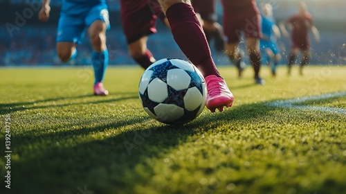 Soccer player dribbling, stadium background, action shot, sports