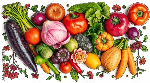 Vibrant assortment of fresh vegetables and fruits on floral background  
