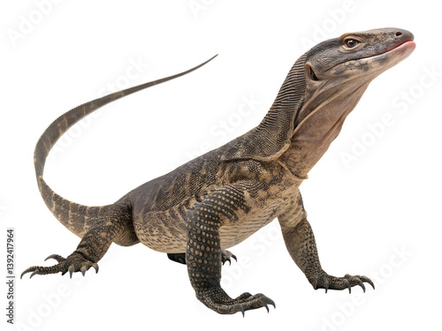 A monitor lizard standing with its head raised and tail curved isolated on a transparent background