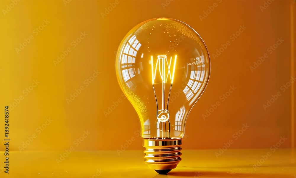Bright lit lightbulb with reflection on vibrant orange background