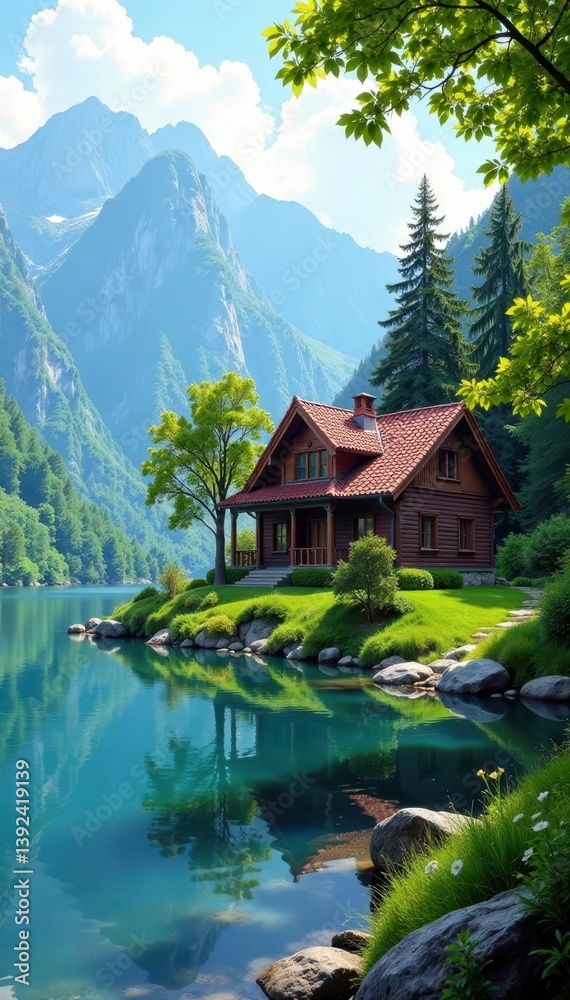 Fototapeta premium House with lake view in serene natural setting, lush greenery, rustic charm