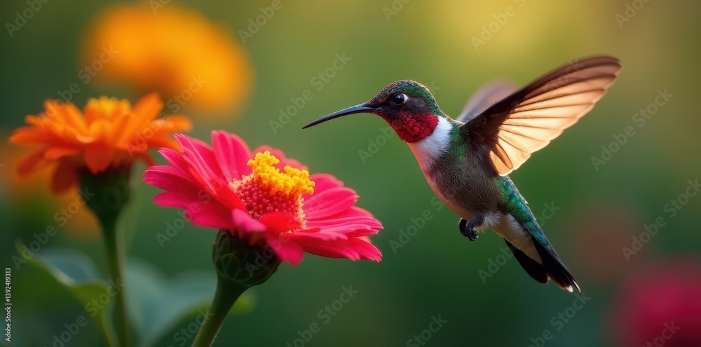 Fototapeta premium Hummingbird in flight hovering near vibrant flower, wildlife, flowers