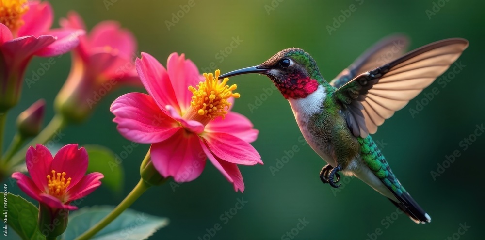 Fototapeta premium Hummingbird's beak sipping nectar from a colorful bloom , feathers, sunlit flowers