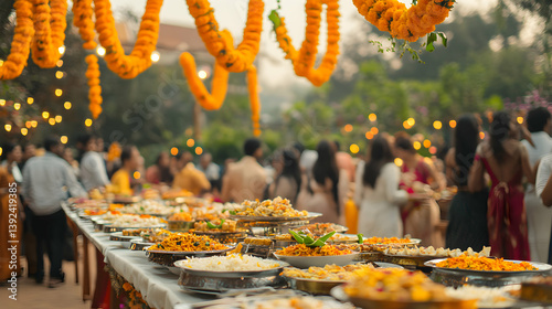 Indian Wedding Feast Fresh Dishes Elegant Marigold Garland at Outdoor Celebration Lush Garden Backdrop