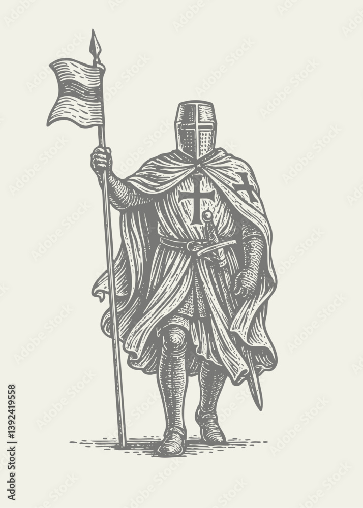 Obraz premium Crusader in full armour carrying a flag. Vintage detailed woodcut engraving style vector illustration. 