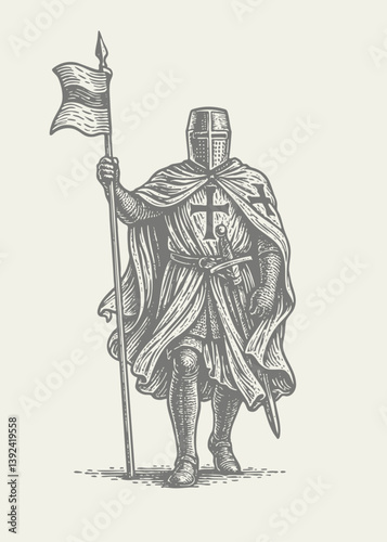 Crusader in full armour carrying a flag. Vintage detailed woodcut engraving style vector illustration. 