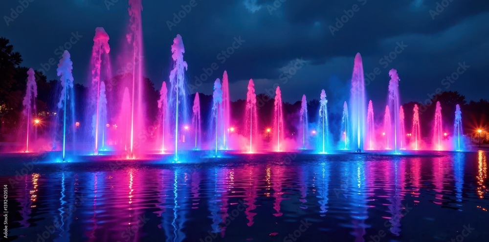 Fototapeta premium Illuminated fountains with water jets and colorful LED lights in Tsaritsino Park, light, water jet