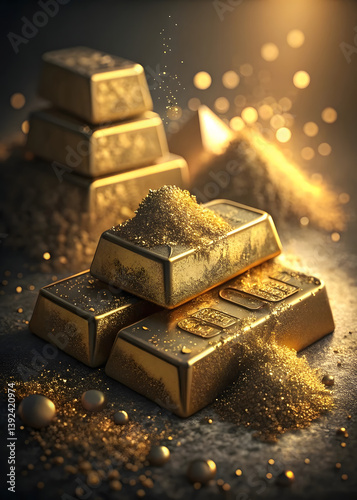 Stacked Shimmering Gold Bars with Dust – Wealth, Luxury, and Financial Investment Backdrop