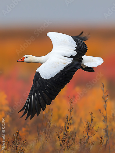 A majestic white goose with black wingtips soars over vibrant autumn foliage wings spread wide in flight.