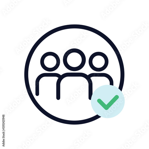 Group of people icon with green check mark, team approval and verified users concept in modern line art style